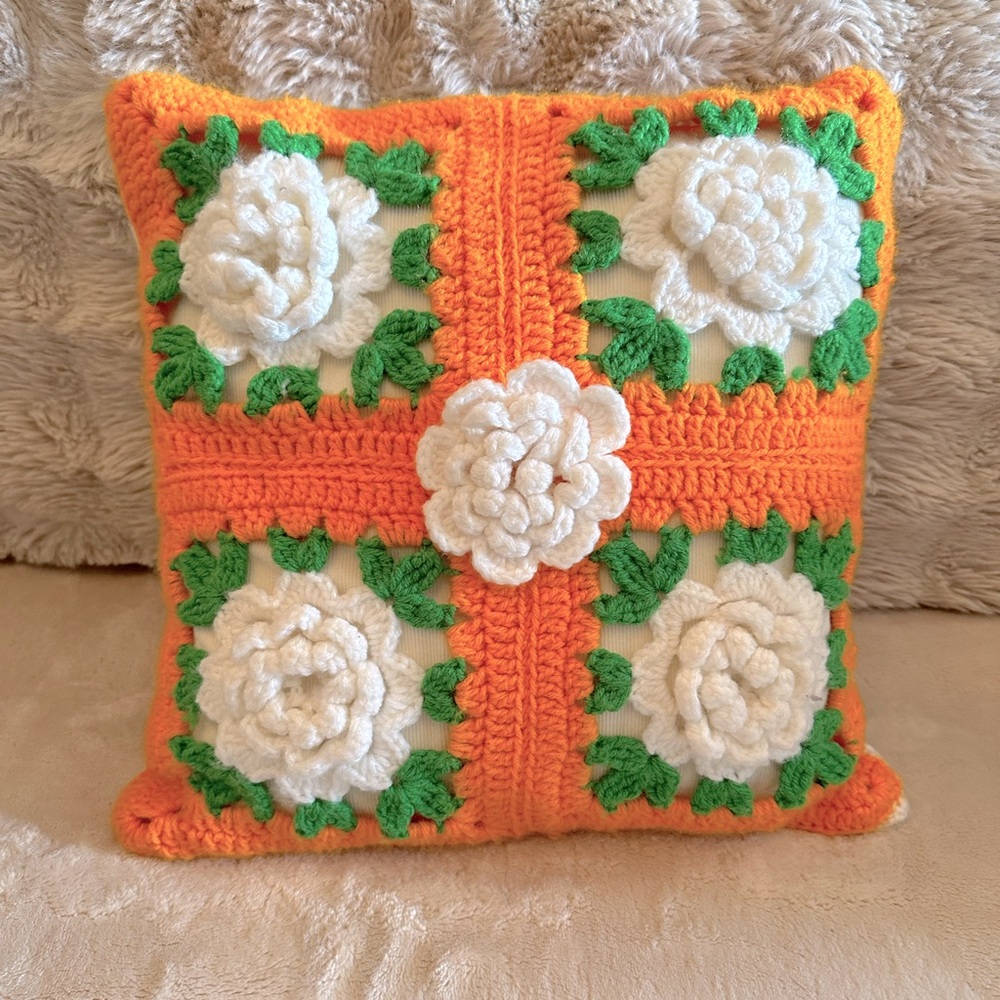 Orange White Boho Floral Knit Throw Pillow Decor - Picture 2 of 2